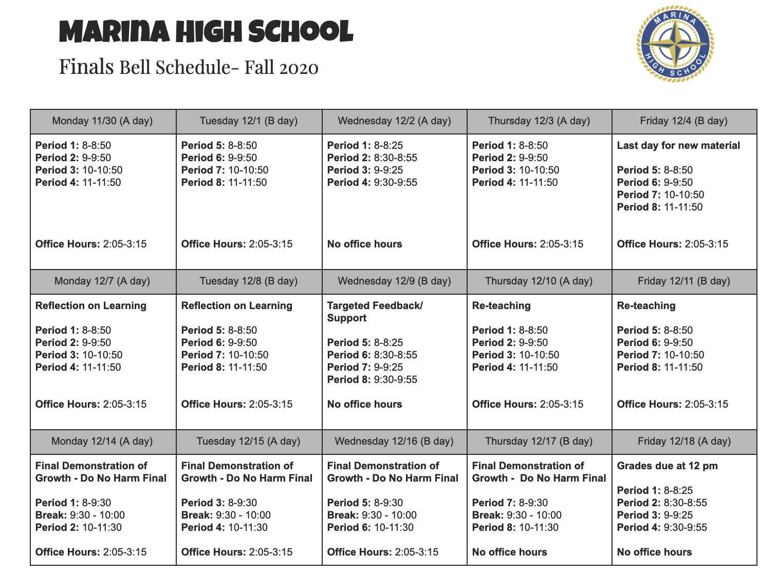 Marina High School Final Schedule